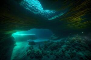 An underwater cave with a light shining through it photo
