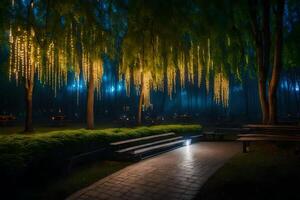A park with benches and trees at night photo