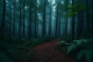 A path through a dark forest with ferns and trees photo