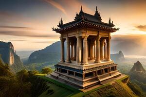 Ancient pagoda in the mountains at sunrise photo