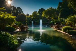 A beautiful garden with water fountains and trees photo