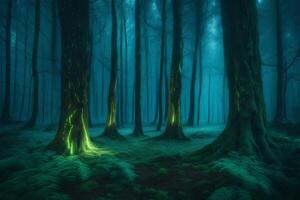 A dark forest with green trees and ferns photo
