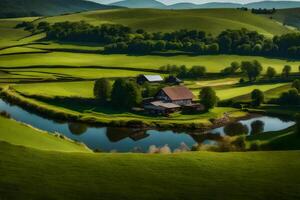 A farm sits on a hill overlooking a river photo