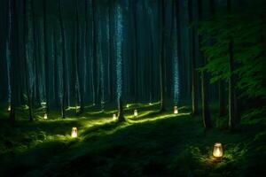 A forest with lit lanterns in the middle of it photo