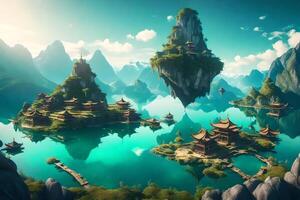 An island with a floating castle in the middle of a lake photo