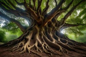 The roots of a large tree in the forest photo