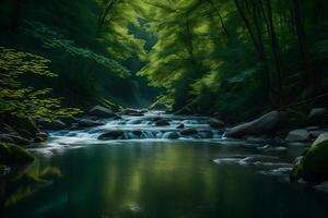 A river flowing through a forest with trees photo