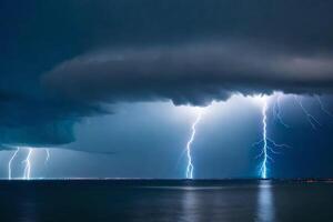 Lightning strikes over the ocean in the background photo