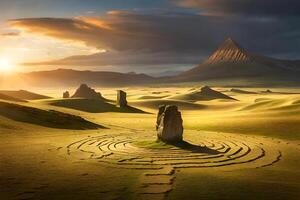 A large stone labyrinth in the middle of a field photo
