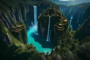The waterfall in the middle of a mountain photo