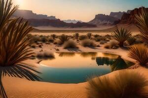 A desert landscape with a small pool in the middle photo