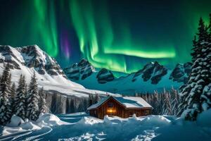Aurora borealis over a cabin in the mountains photo
