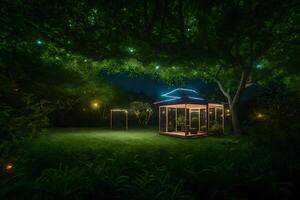A gazebo in the middle of a green field at night photo