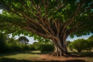 A large tree with many branches in the middle of a field photo