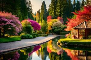Colorful trees and a gazebo in a park photo
