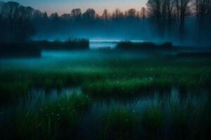 A misty landscape with grass and trees photo