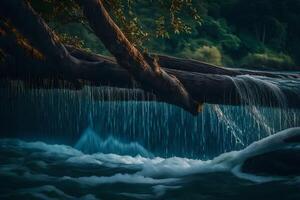 A waterfall flows over a fallen tree in the water photo