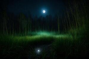 A moonlit forest with tall grass and trees photo