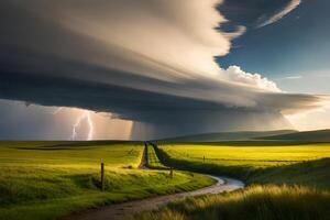 A storm is seen over a field with a road photo