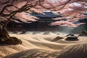 A tree with pink blossoms in the sand photo