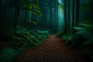 A path through a forest with ferns and trees photo