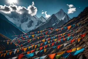 Colorful flags are hanging in the air in front of mountains photo