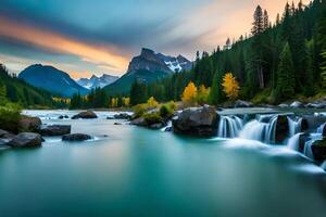 A beautiful river with waterfalls and trees at sunset photo