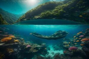 Two images of underwater scenes with coral reefs and an old ship photo