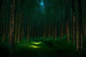 A path through a forest with lights in the trees photo