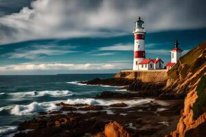 A lighthouse on the coast with a stormy sky photo