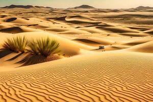 A desert landscape with sand dunes and grass photo