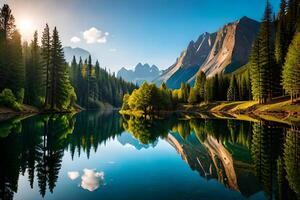 Beautiful mountain lake with trees and mountains reflected in the water photo