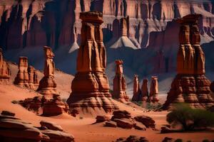 A group of tall rock formations in the desert photo