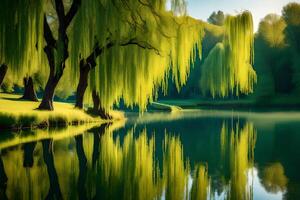 Willow trees are reflected in the water of a lake photo
