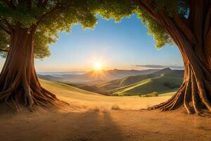 Sunrise over the mountains with two trees photo
