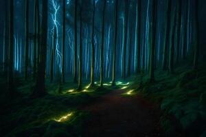 A path through the woods at night with glowing lights photo