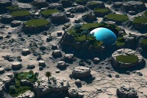 A 3d rendering of a desert with a blue sphere in the middle photo