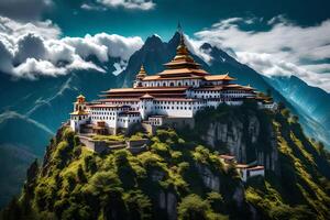 The monastery is perched on top of a mountain photo
