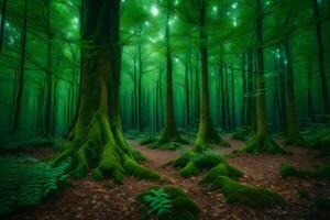 A green forest with many trees and green moss photo