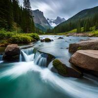 A river flowing through a mountain range with rocks and trees photo