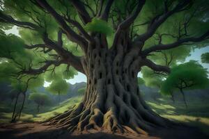 A large tree with many branches in the middle of a green field photo