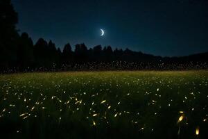 Fireflies in a field at night with the moon in the background photo