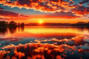 Sunset over lake with clouds and trees photo