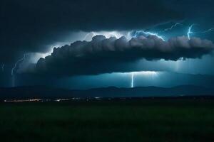 A large cloud of lightning is seen over a field photo