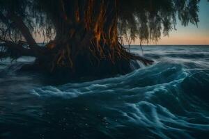 A tree in the ocean with waves crashing over it photo