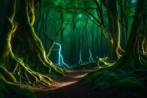 A path through a forest with trees and light photo