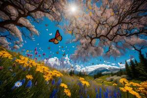 A butterfly flies over a field of flowers and trees photo