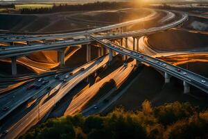 An aerial view of a freeway with cars driving on it photo