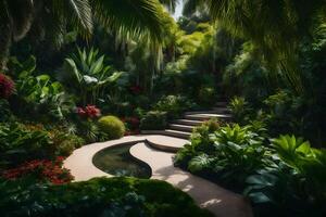A tropical garden with a pathway leading to a pond photo