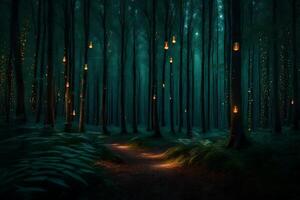 A path in the woods with lights on it photo